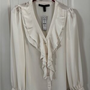White House Black Market Ivory Ruffled Collar Blouse